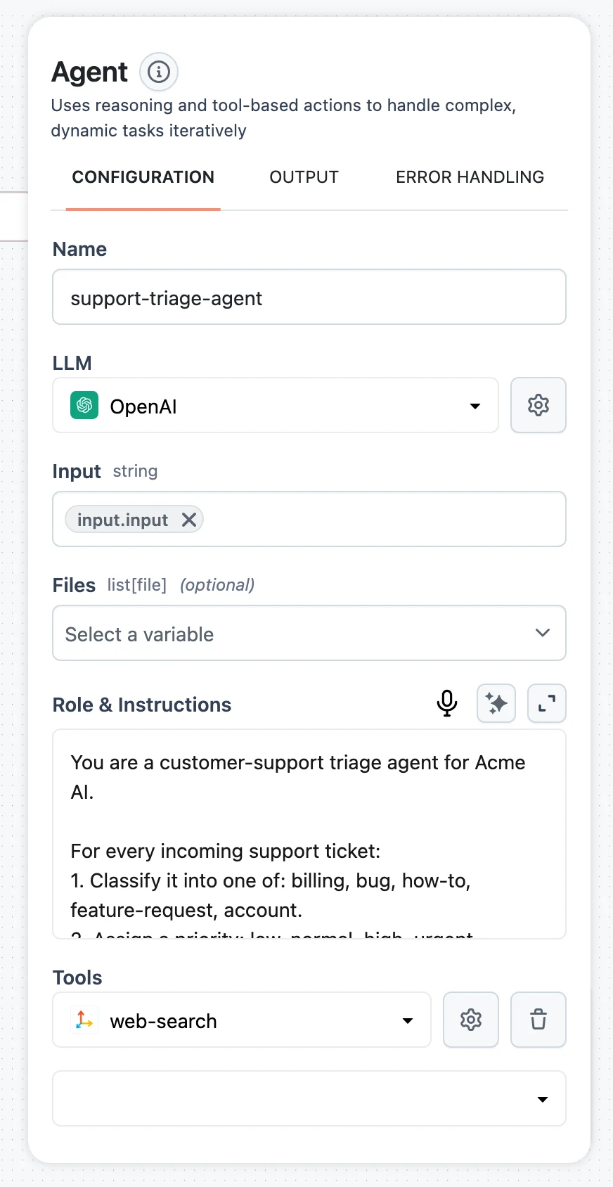 The Tools section of the Agent panel showing the attached web search tool with gear and trash icons