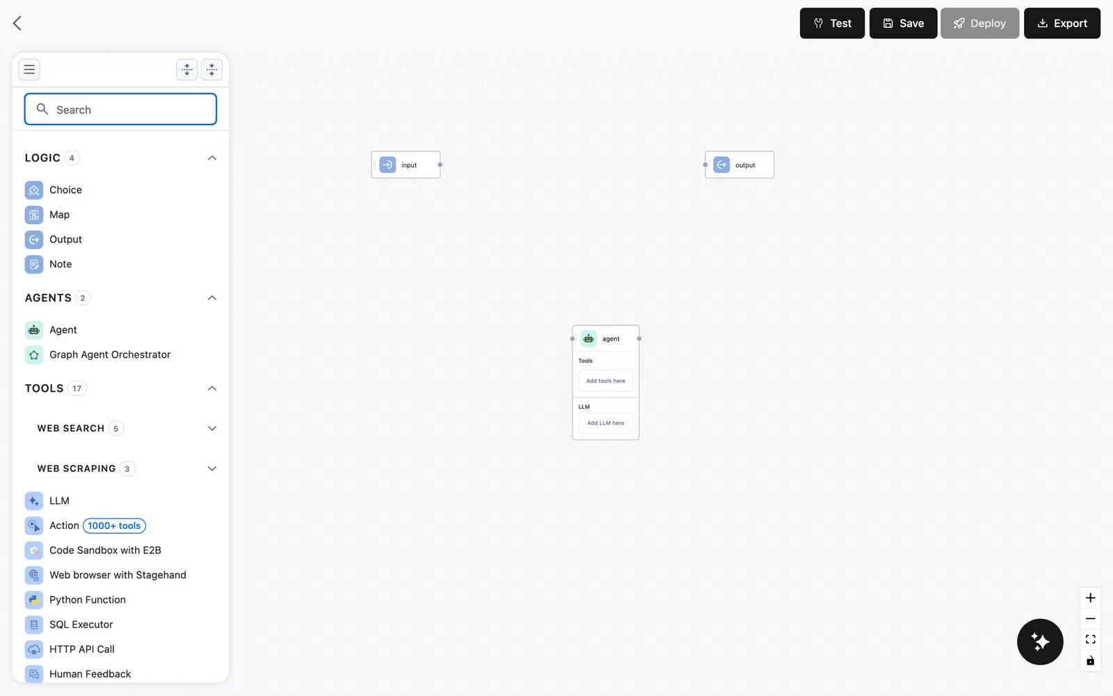The Agent node on the canvas showing empty Tools and LLM slots