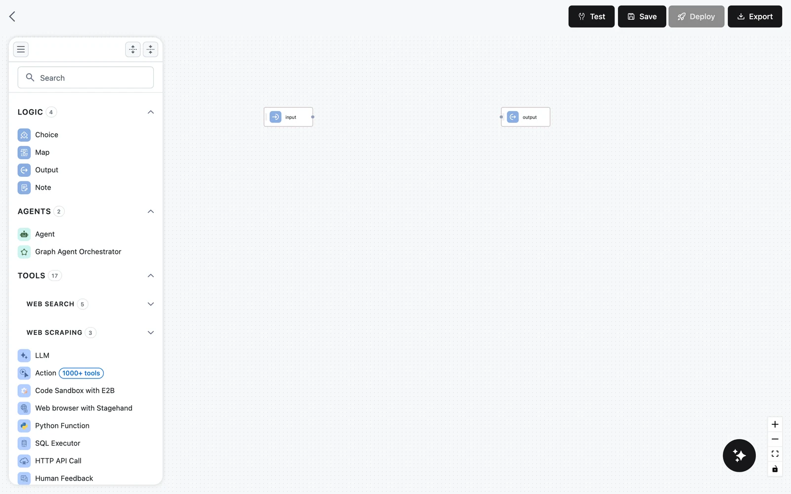 A new workflow canvas showing only the Input and Output nodes