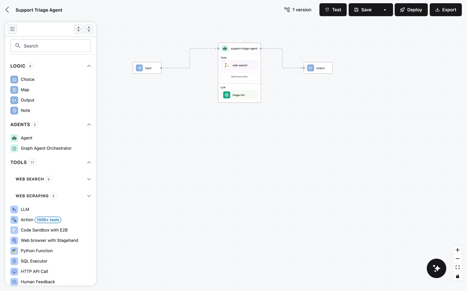 A workflow canvas with Input, Agent, and Output nodes connected left to right