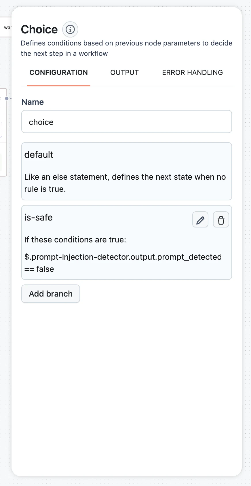 The Choice node configuration panel with the default branch and named options, and the Add branch button