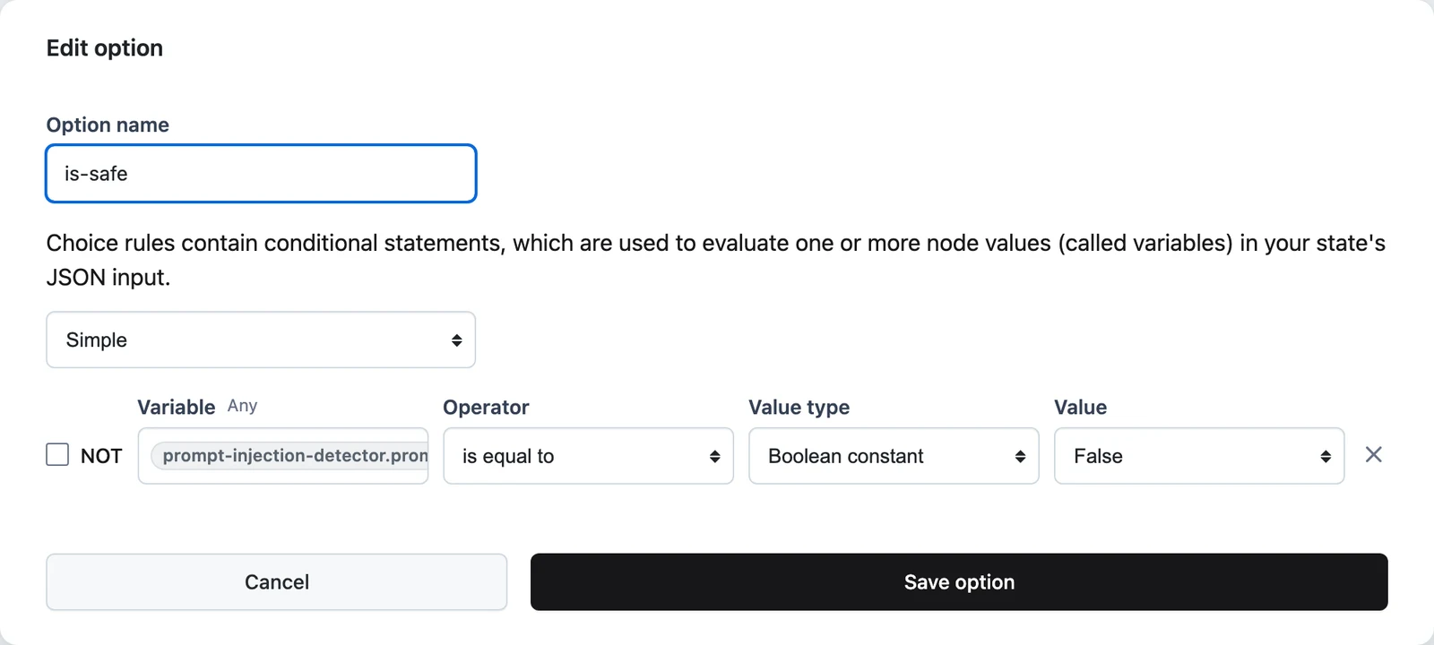 The Edit option modal with option name, condition rows (NOT, Variable, Operator, Value type, Value), and the AND/OR selector