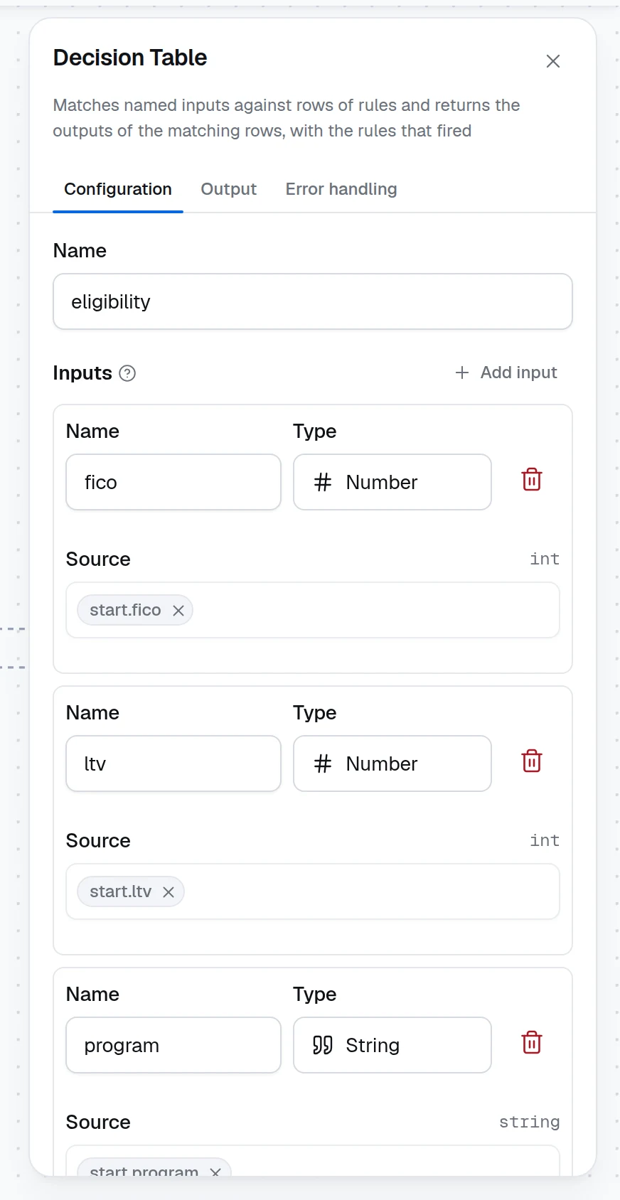 The Decision Table configuration panel with three typed inputs, each mapped to an Input node field