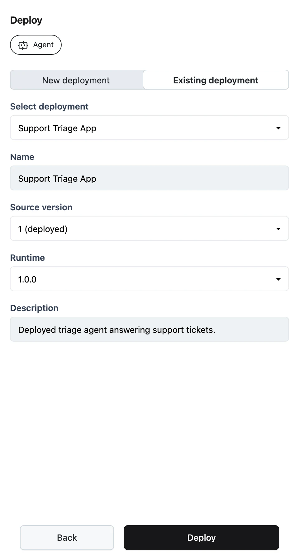 The Deploy panel with the New deployment / Existing deployment switcher set to Existing deployment