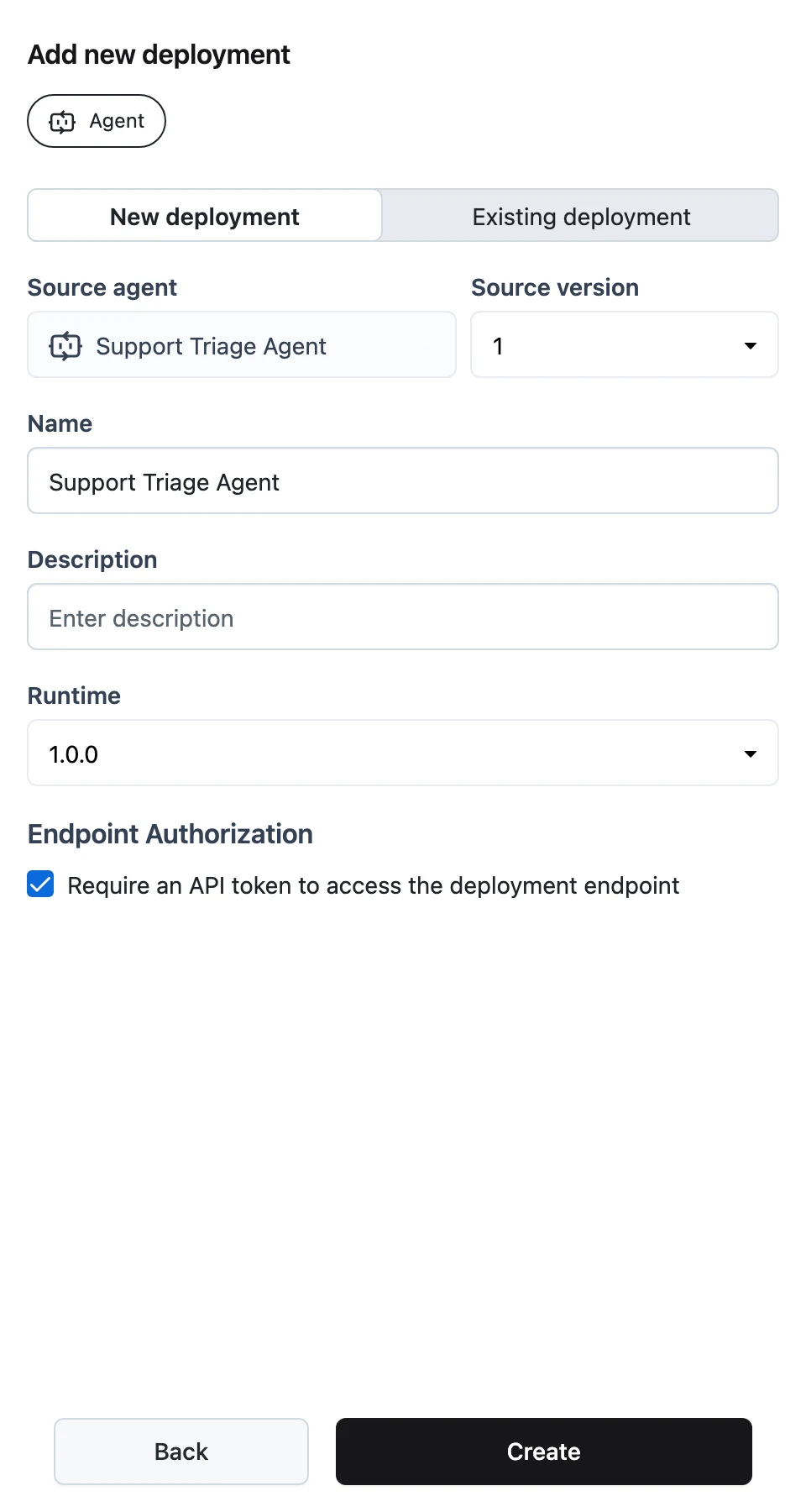 The deploy modal with the New deployment and Existing deployment segmented control, and Name, Description, and Runtime fields
