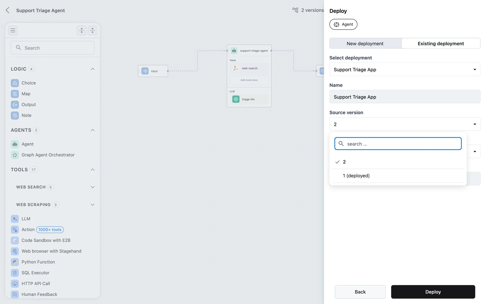 The Source version dropdown listing workflow versions with the live one marked (deployed)