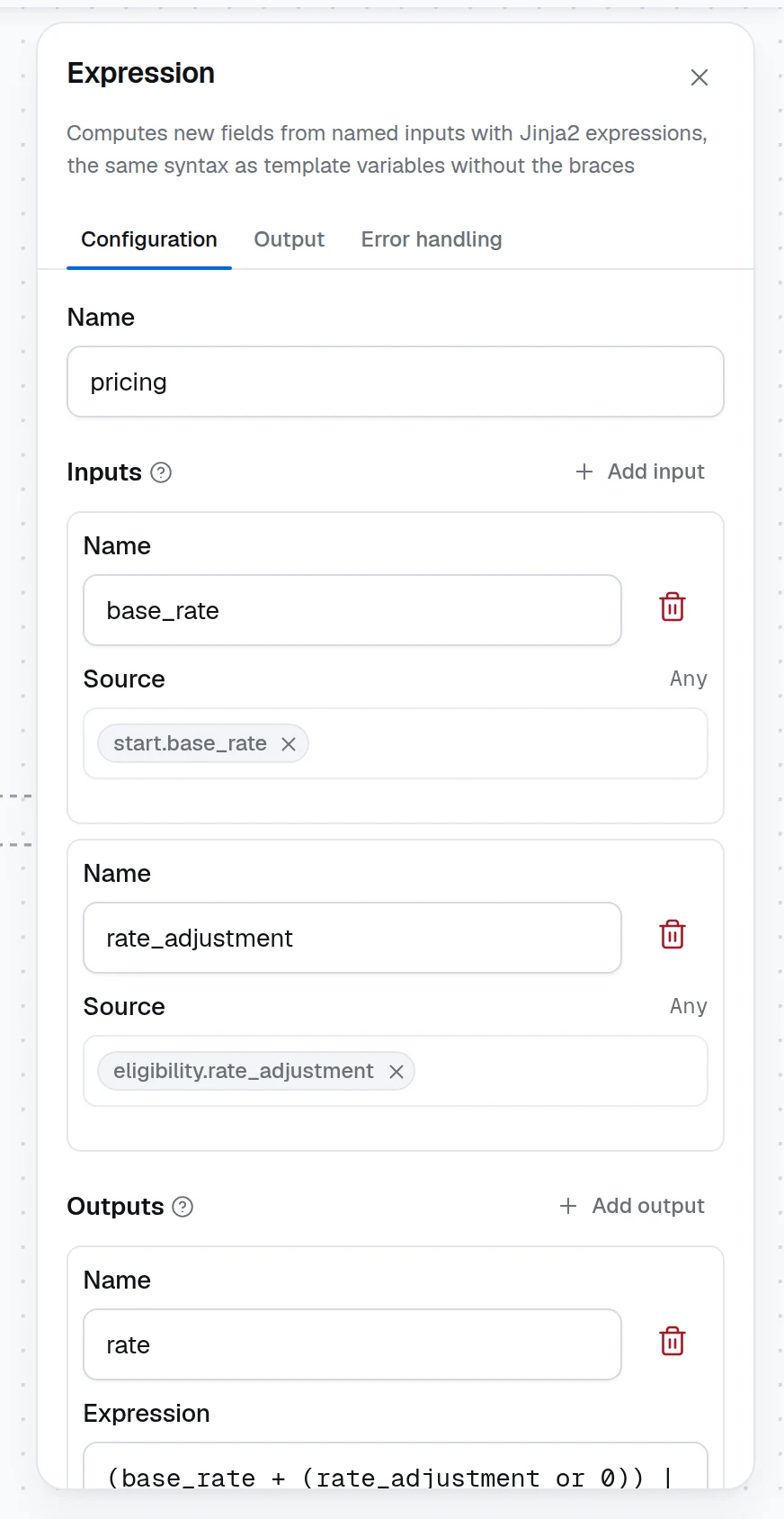 The Expression configuration panel with two inputs mapped from upstream nodes and an output computed by an expression