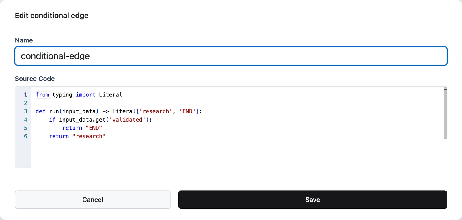 The Edit conditional edge modal with the name field and the Python source code editor