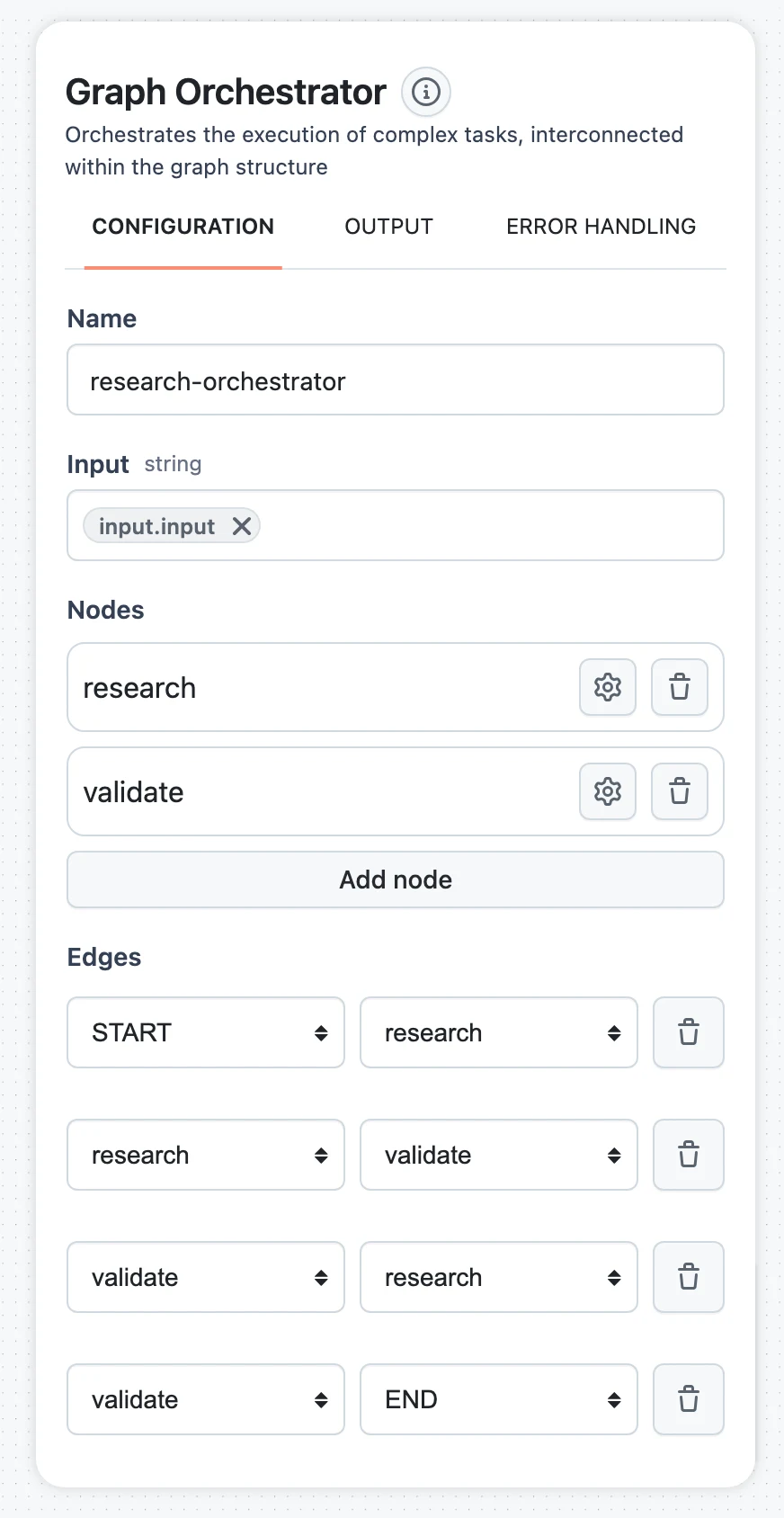 The Graph Orchestrator configuration panel showing the Nodes list and the Edges from/to selectors