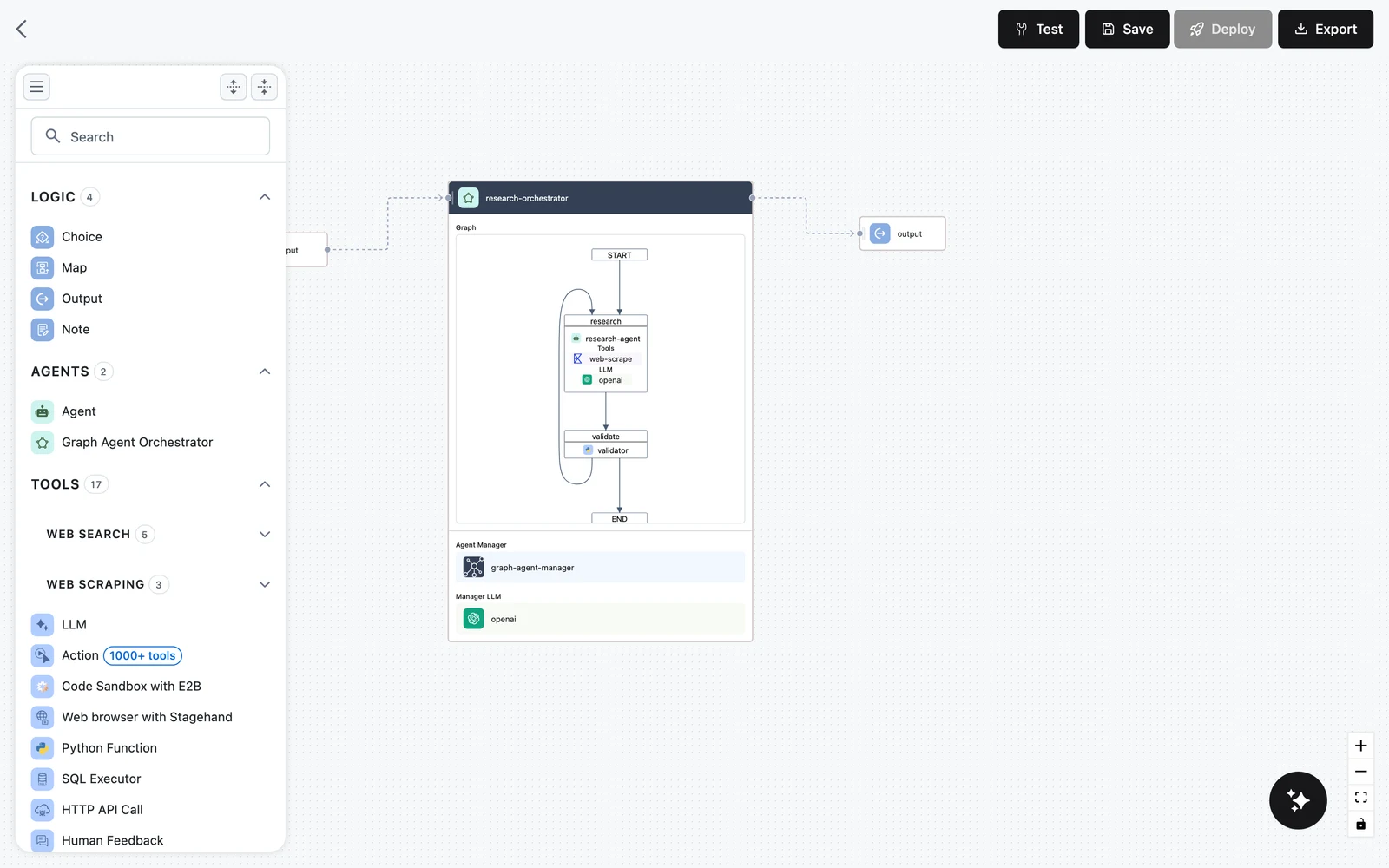The Graph Agent Orchestrator node card with its Graph preview, Agent Manager, and Manager LLM sections