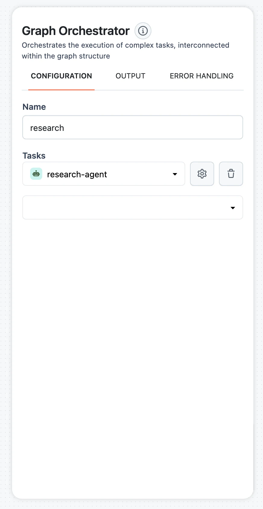 A graph state's configuration panel with an Agent task in its Tasks list