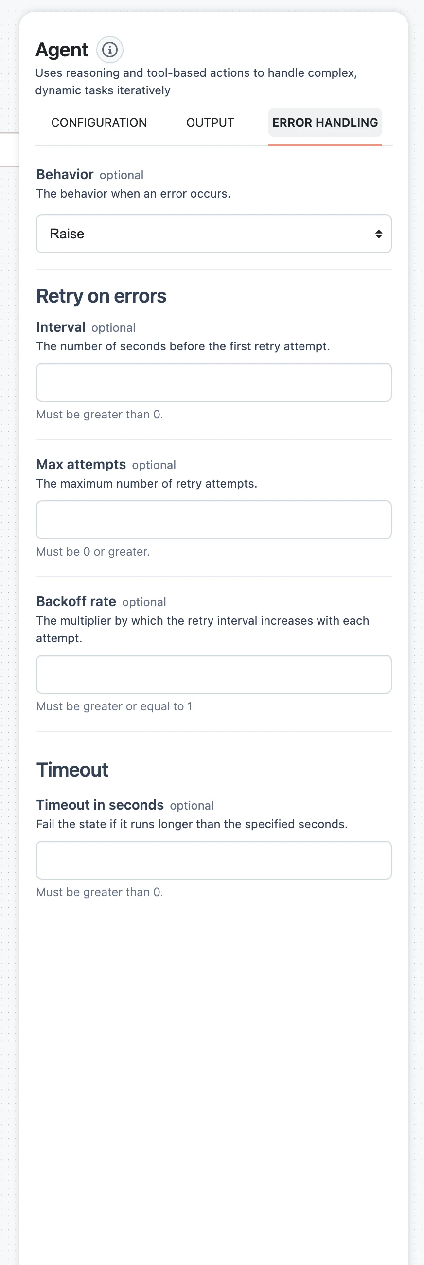 The Error Handling tab with Behavior, retry, and timeout settings