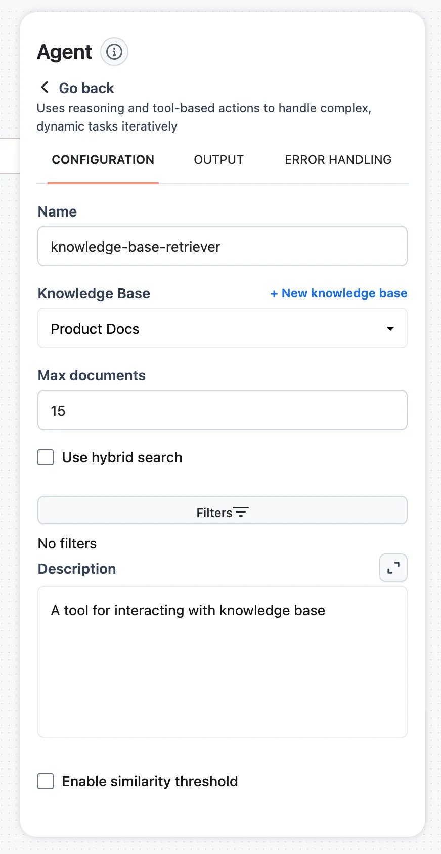 Knowledge Base Retriever configuration with Knowledge Base select, Max documents, hybrid search, filters, and similarity threshold