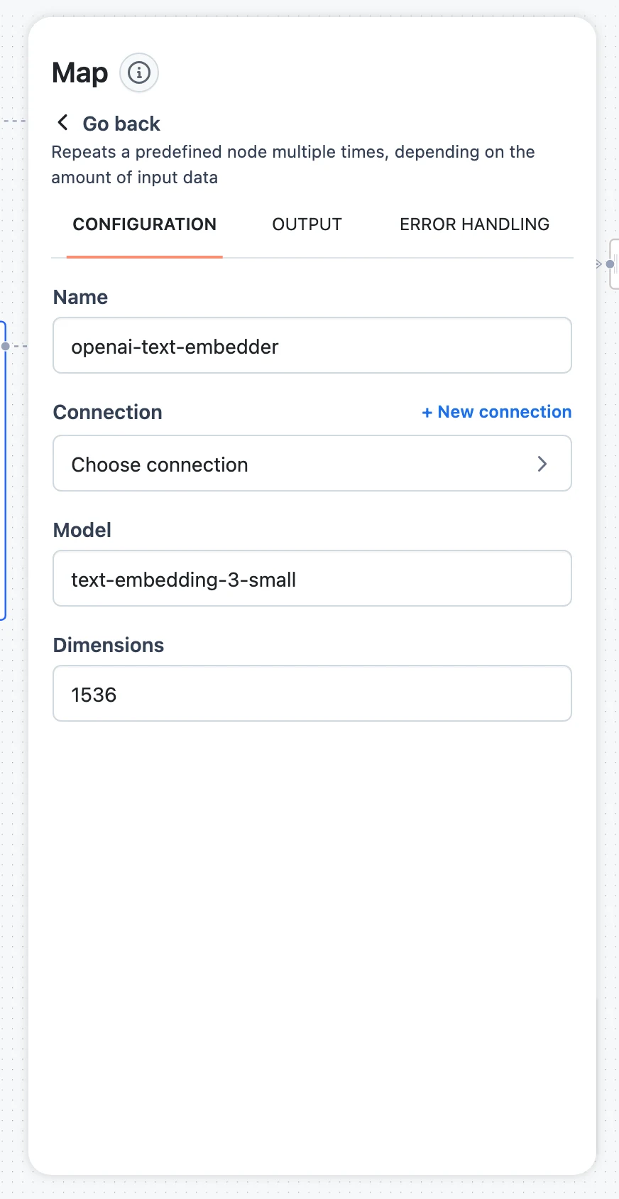 The Map node configuration panel with the inner Node selector, Behavior dropdown, and concurrency checkbox