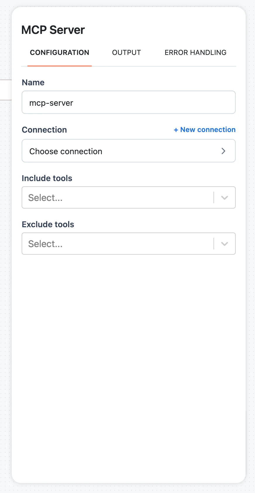 MCP Server configuration panel with the connection selector and the Include tools and Exclude tools fields