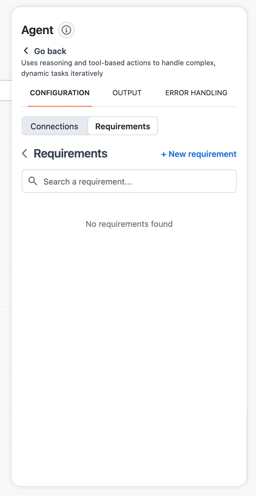 Node configuration panel with the Connections / Requirements segmented control and the Requirements tab selected