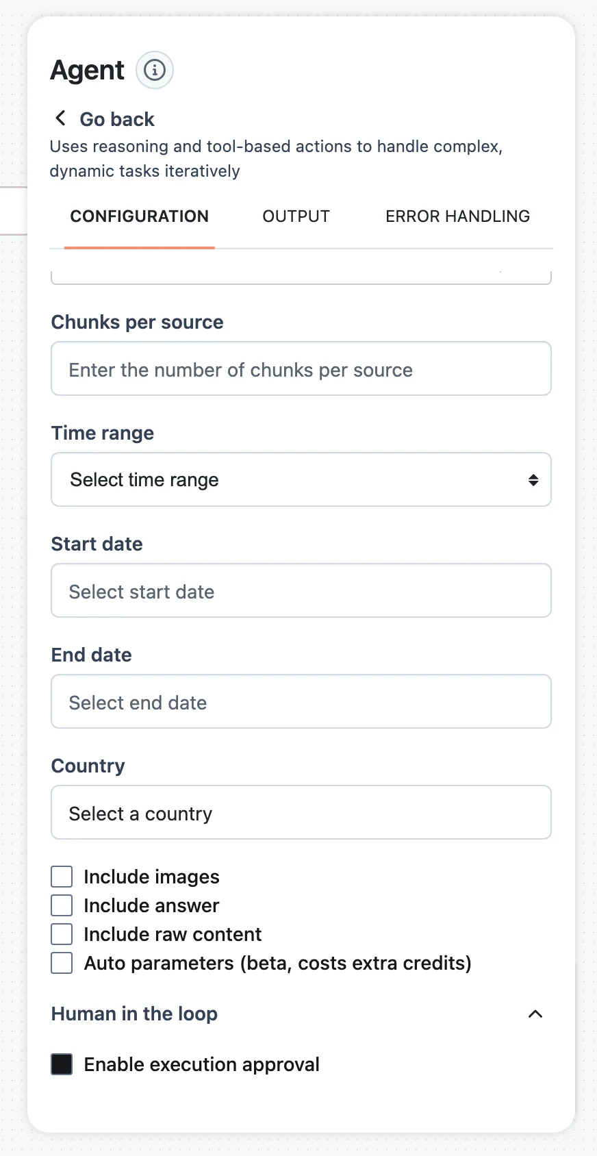 The Human in the loop accordion on a tool node with Enable execution approval checked, showing the Approval message, Mutable params, and Input timeout fields