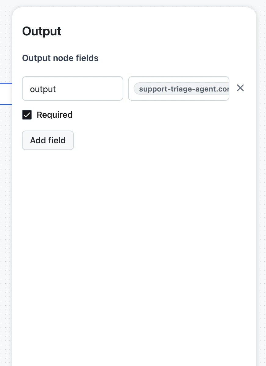 The Output node panel with each field's value mapped to an upstream output and a Required checkbox