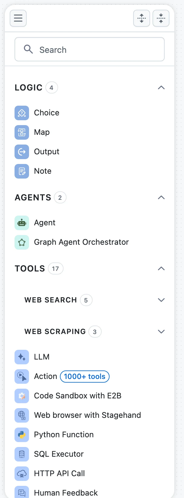 The node palette with its search box and category list
