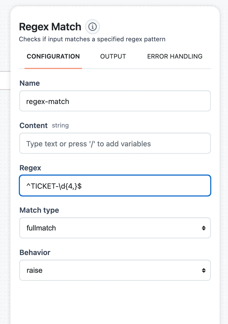 Regex Match configuration panel with Regex, Match type, and Behavior fields