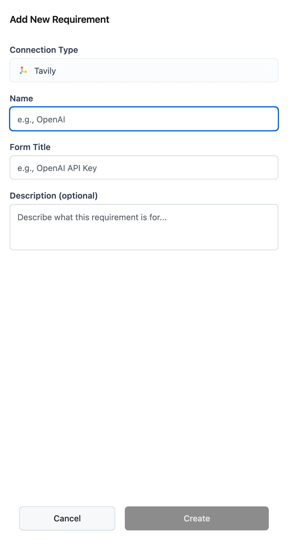 Add New Requirement side sheet with Connection Type, Name, Form Title, and Description fields
