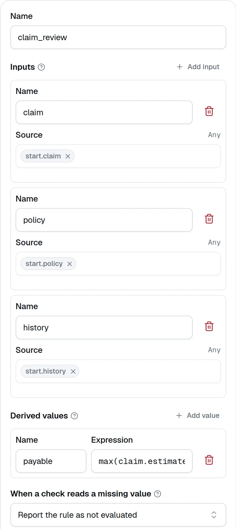 The Rules configuration panel: three named inputs mapped from the Input node, a derived value and the missing-value policy