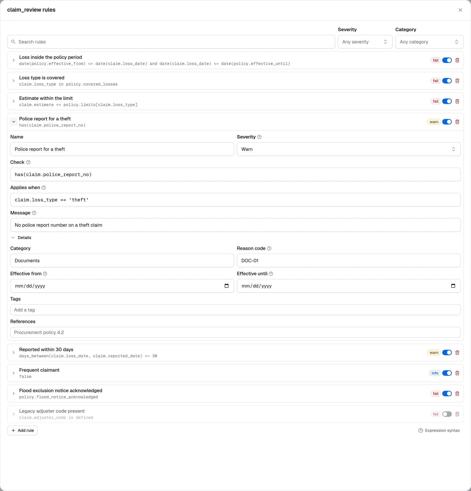 The expanded rules editor: one rule opened to its name, severity, check, applies-when condition and message, the other rules collapsed under it
