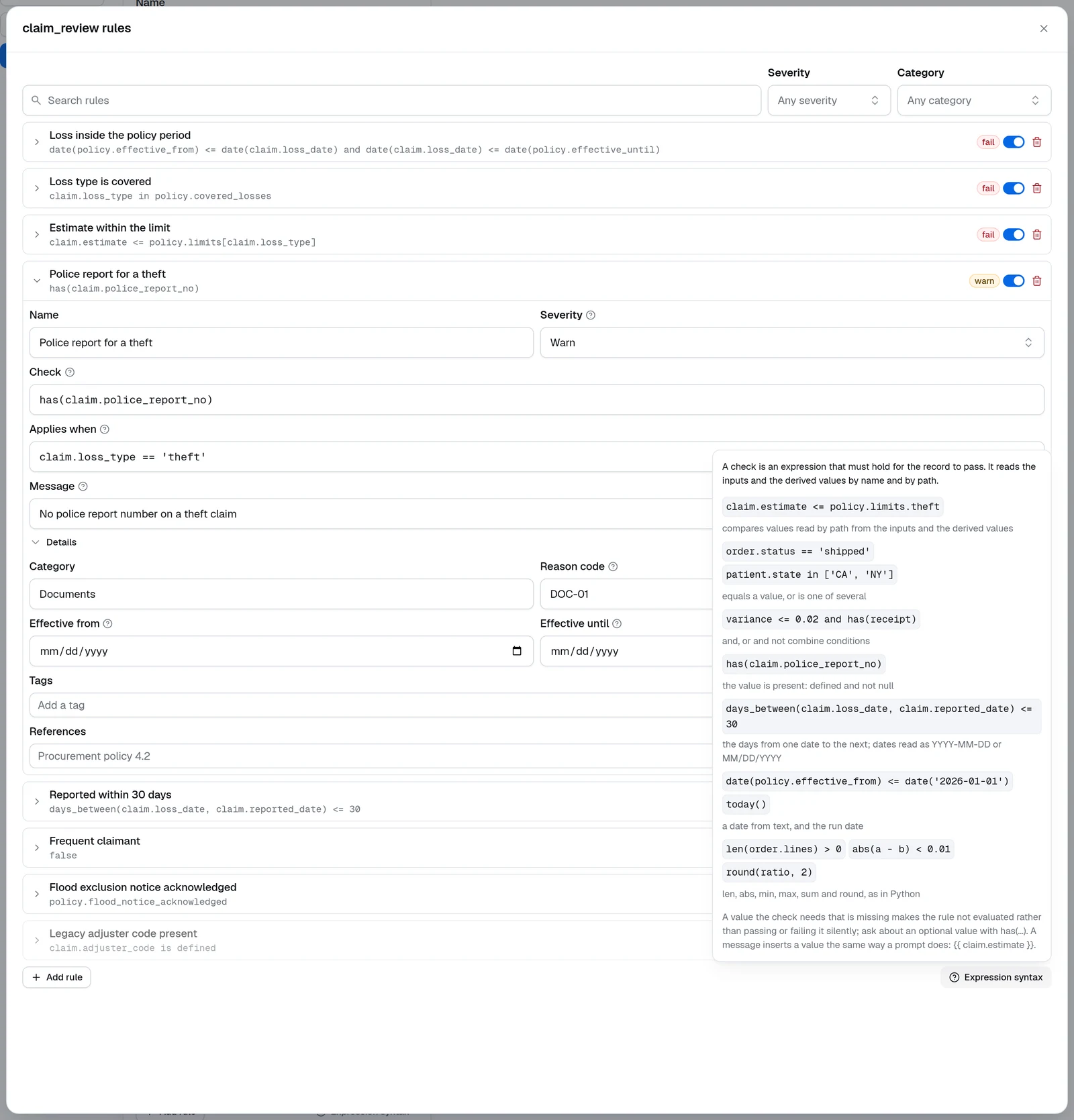 The Expression syntax reference open beside the rules, listing each form with an example