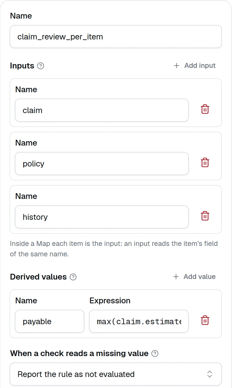The configuration panel of a Rules node placed inside a Map: three named inputs without source pickers, and a note that each item is the input