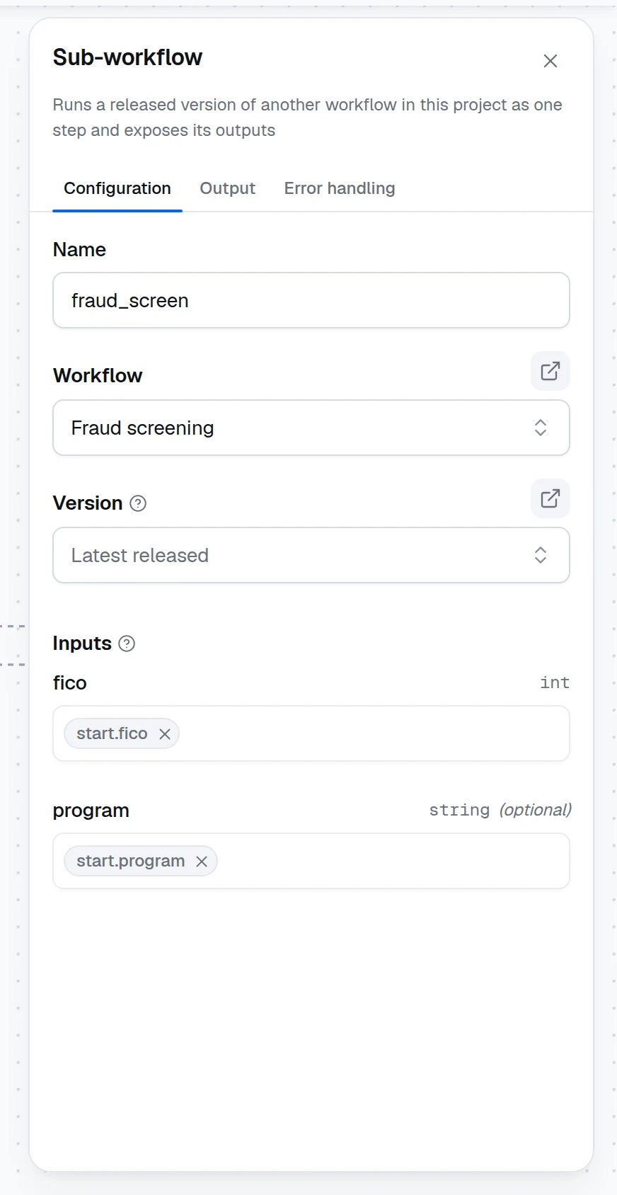 The Sub-workflow configuration panel with a workflow and version chosen and the target's Input fields mapped from upstream outputs