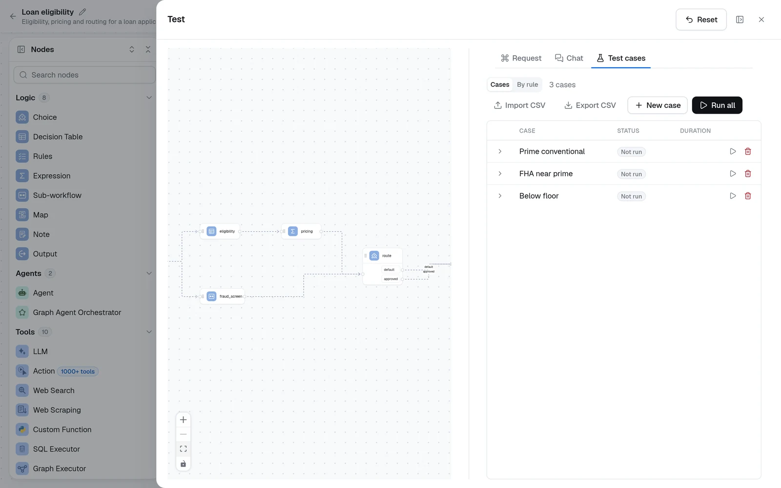 The Test panel's Test cases tab listing three cases with Not run status, and the Import CSV, Export CSV, New case and Run all buttons
