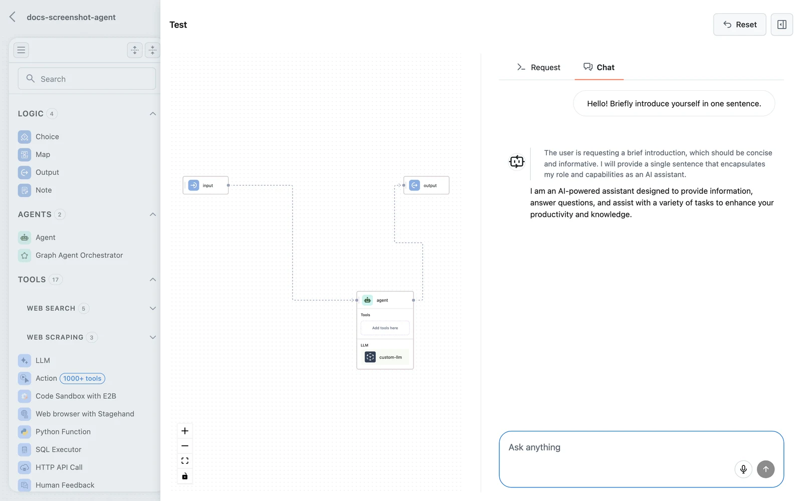 The Test panel's Chat tab with a conversation against the workflow