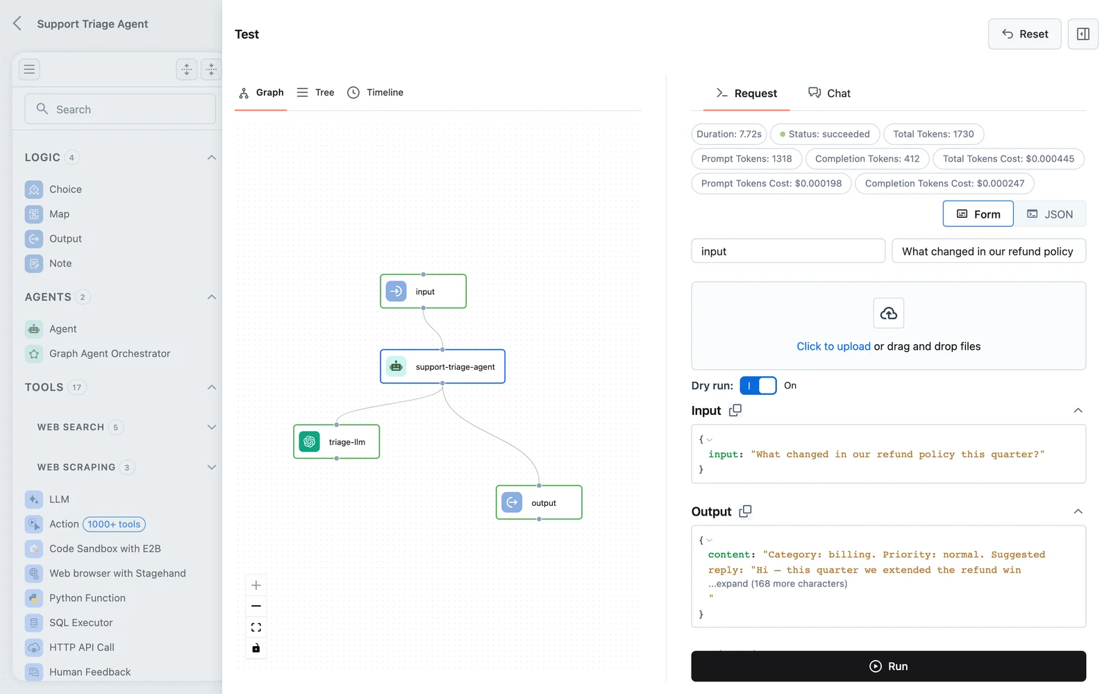The test trace showing per-node inputs and outputs for Input, Agent, and Output