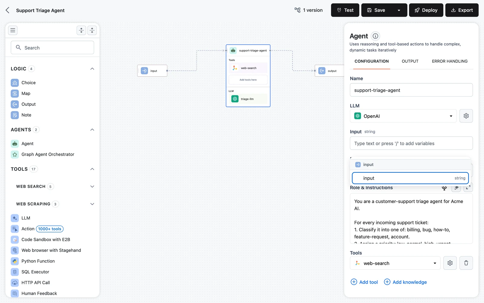 An input field with the variable picker open, showing upstream nodes and their typed outputs